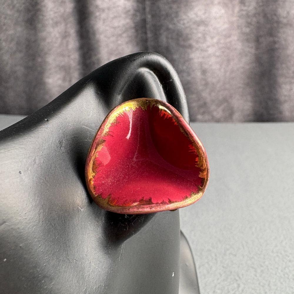 Vintage Ceramic Screw Back Earrings Cranberry Red Gold Trim Mid Century Modern